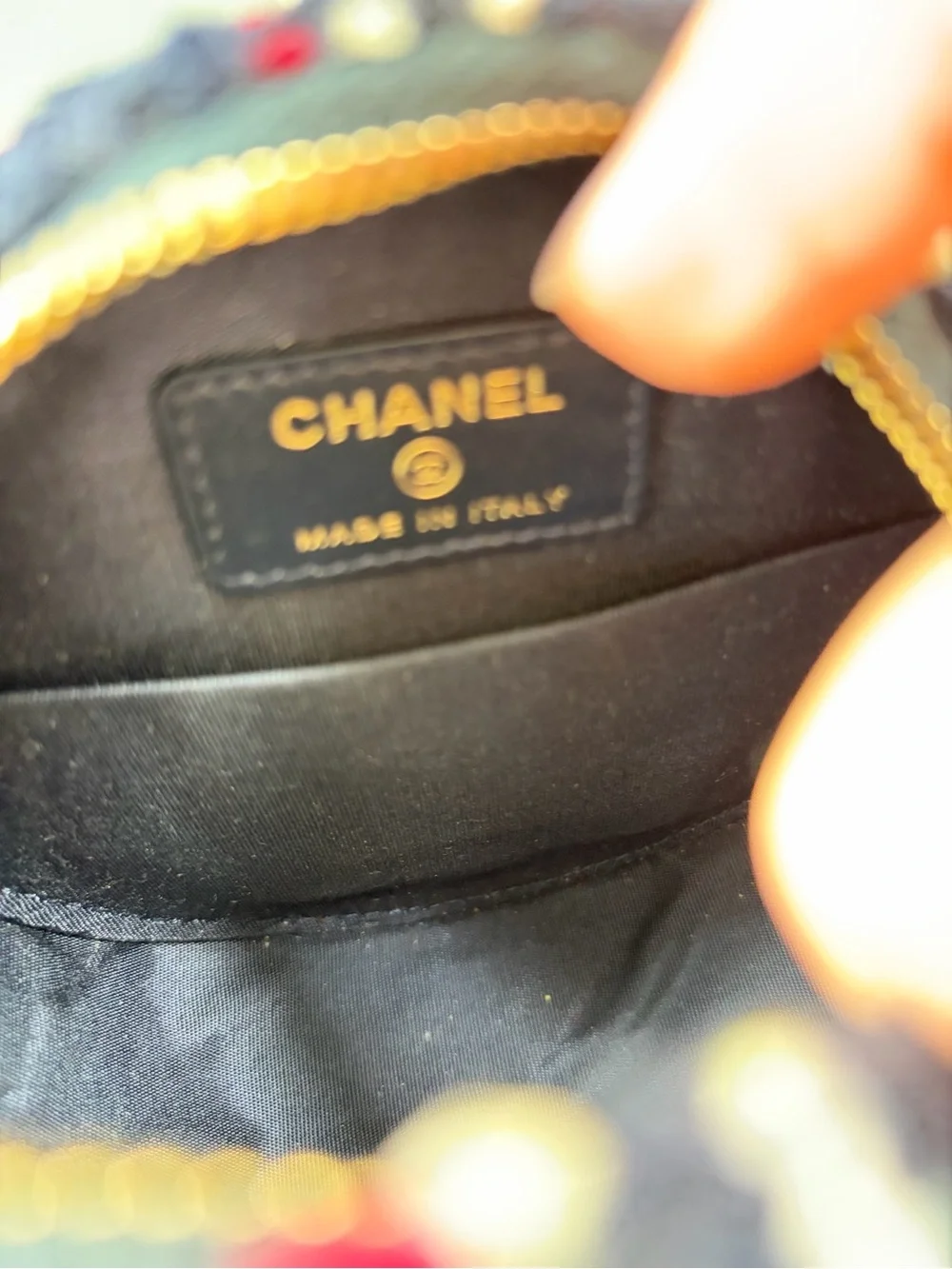 CHANEL Black Tweed Round Shoulder Bag with Red & White Accents